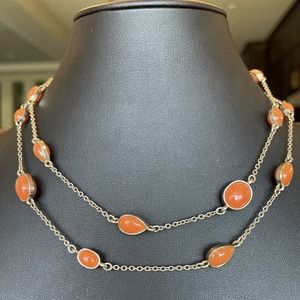 Banana Republic Orange & Silver Tone Cabochon Beaded Station Necklace Plastic